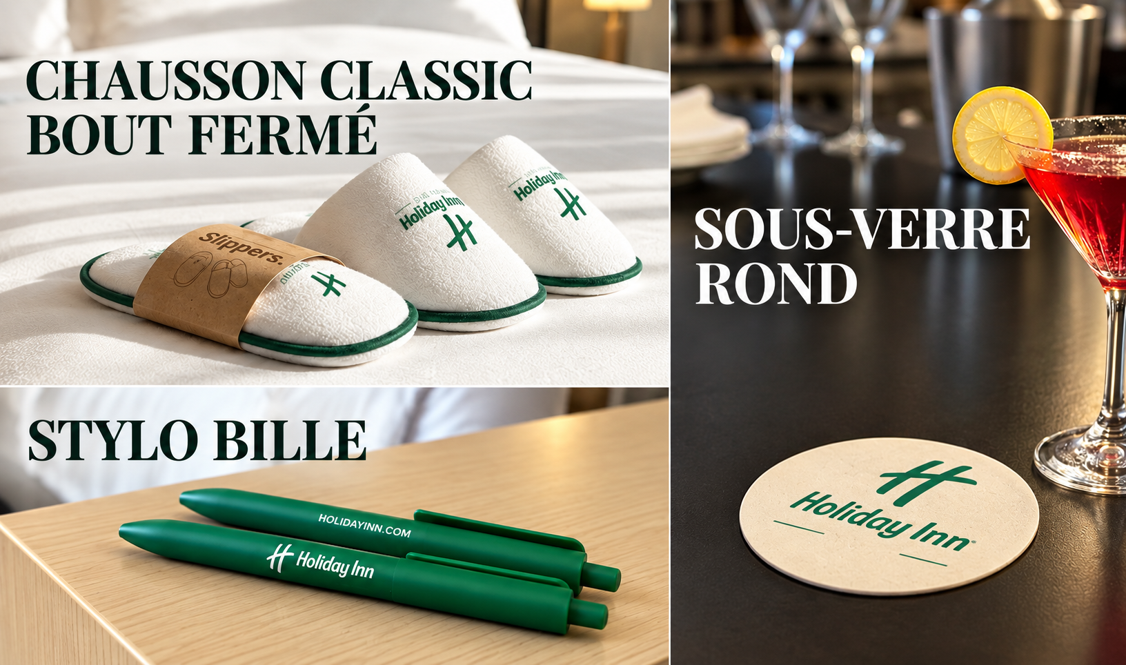 Chausson Classic bout fermé, stylo bille et sous-verre rond Holiday Inn.